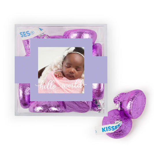 Personalized Girl Birth Announement Hello World! JUST CANDY® favor cube with Sugar Sanded Gummy Bears