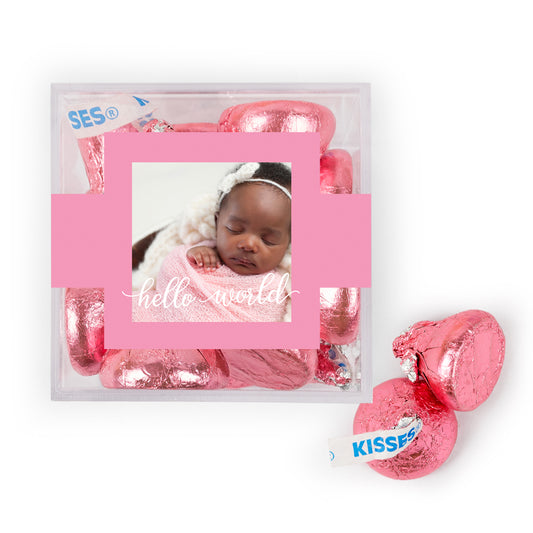 Personalized Girl Birth Announement Hello World! JUST CANDY® favor cube with Sugar Sanded Gummy Bears