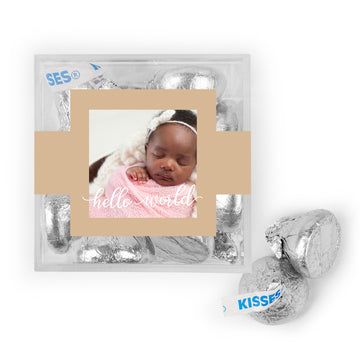 Personalized Girl Birth Announcement Hello World! JUST CANDY favor cube with Hershey's Kisses