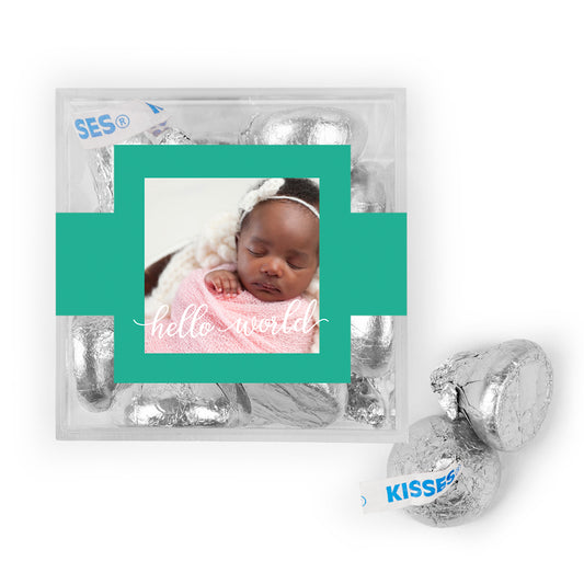 Personalized Girl Birth Announcement Hello World! JUST CANDY favor cube with Hershey's Kisses