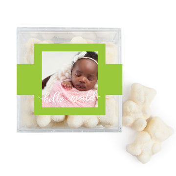 Personalized Girl Birth Announement Hello World! JUST CANDY favor cube with Sugar Sanded Gummy Bears