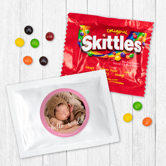 Personalized Hello World Baby Girl Announcement Skittles