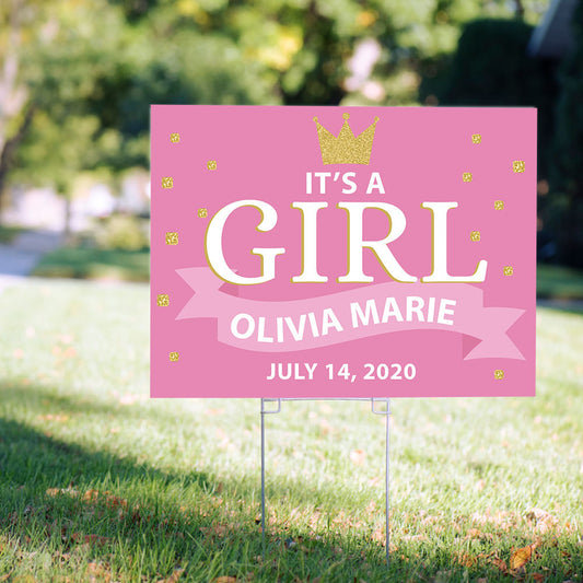 Personalized It's a Girl Yard Sign and Stake - Birth Announcement Crown