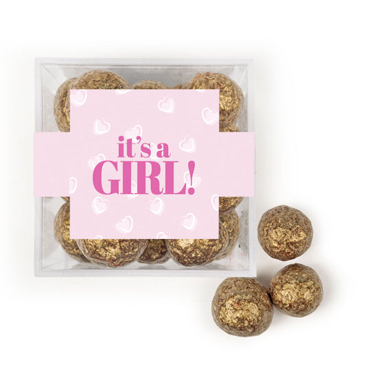 Personalized It's A Girl! JUST CANDY® favor cube with Prosecco Cordials