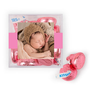 Personalized Girl Birth Announcement She's Here! JUST CANDY favor cube with Hershey's Kisses