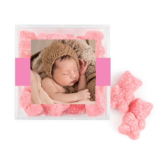Personalized Girl Birth Announement She's Here! JUST CANDY® favor cube with Sugar Sanded Gummy Bears