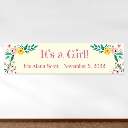 Personalized Baby Girl Announcements Pink Flowers 5 Ft. Banner