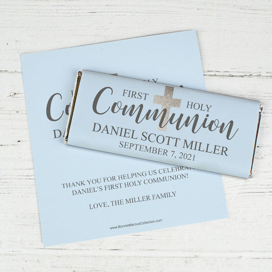 Personalized Bonnie Marcus Boy First Communion Shimmering Cross Chocolate Bar Wrappers Only