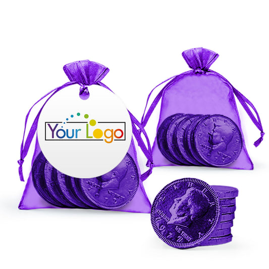Custom Add Your Logo Chocolate Coins in Organza Bag with Gift Tag