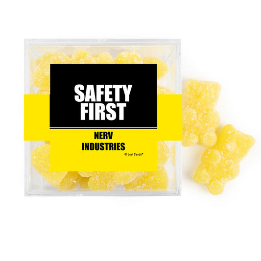 Personalized Safety First JUST CANDY® favor cube with Sugar Sanded Gummy Bears