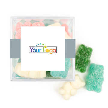 Custom Add Your Logo JUST CANDY favor cube with Sugar Sanded Gummy Bears