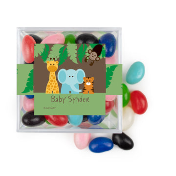 Personalized Baby Shower Jungle Buddies JUST CANDY favor cube with Jelly Beans