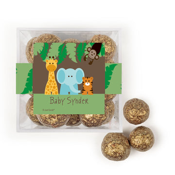 Personalized Baby Shower Jungle Buddies JUST CANDY favor cube with Prosecco Cordials