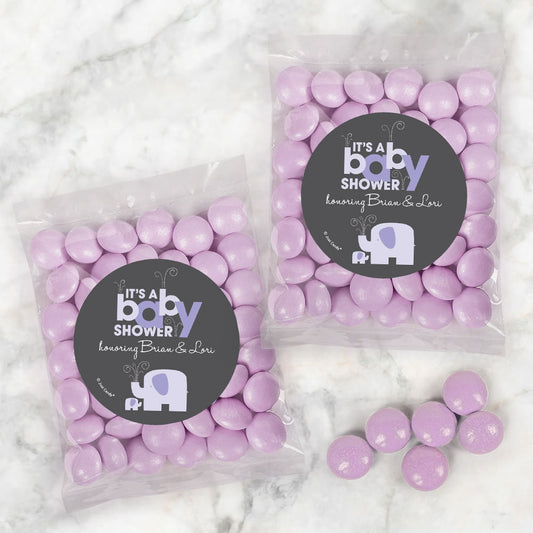 Personalized Baby Shower Elephants Candy Bags with Just Candy Milk Chocolate Gems