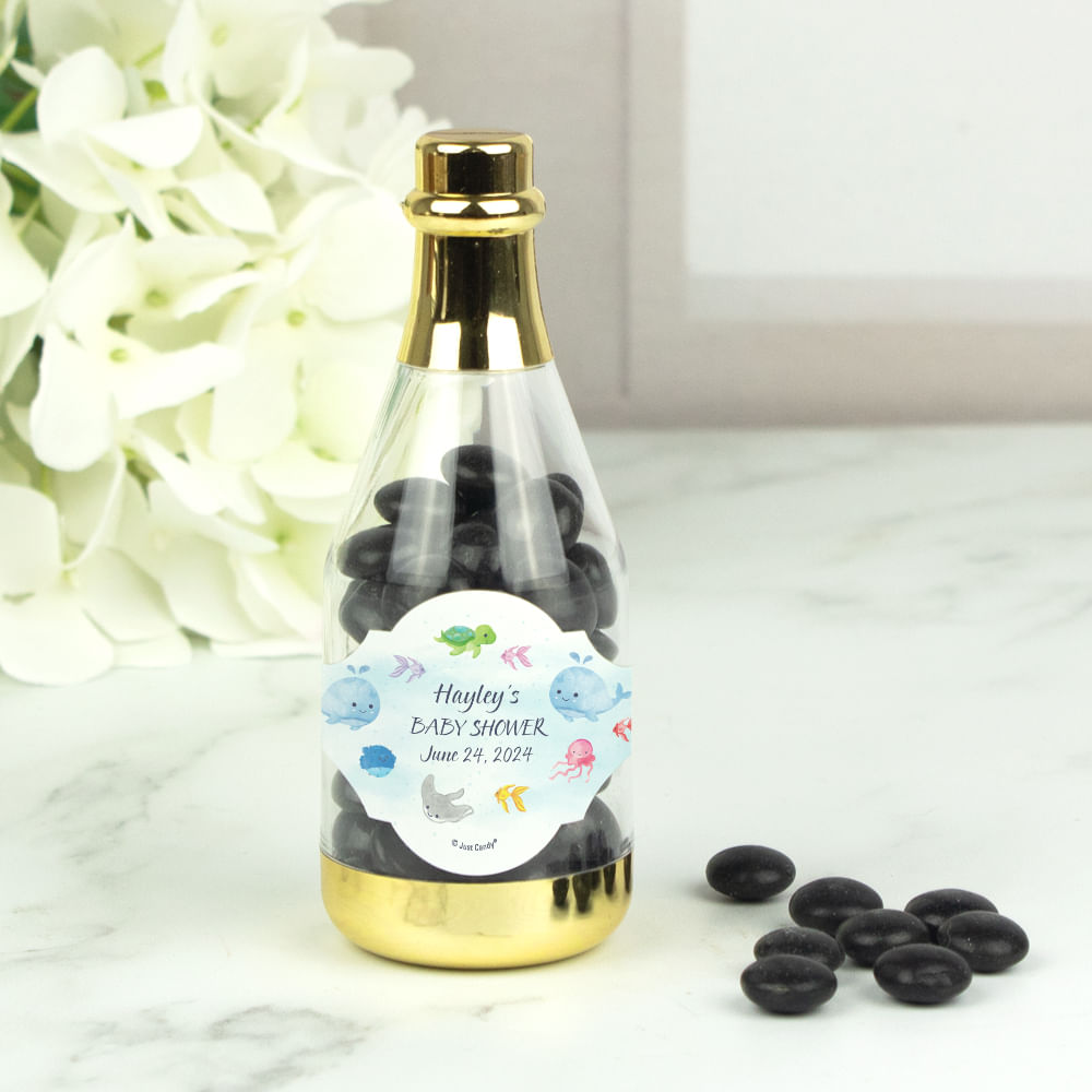 Personalized Baby Shower Whale Champagne Bottle with Milk Chocolate Minis Black