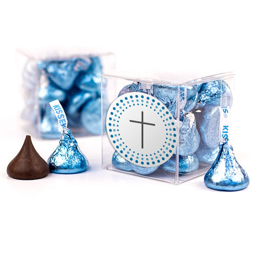 Confirmation Blue Dotted Circle Calvary Cross Clear Gift Box with Sticker
