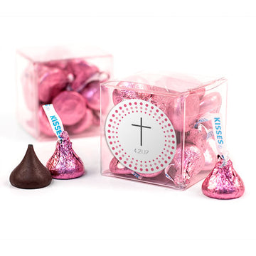 Personalized Confirmation Pink Dotted Circle Calvary Cross Clear Gift Box with Sticker
