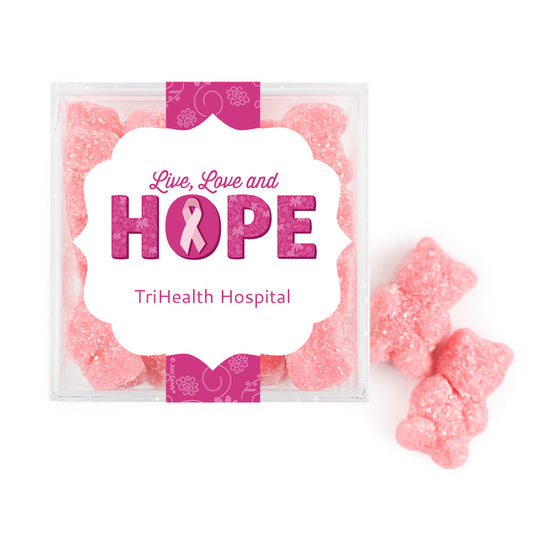 Personalized Breast Cancer Awareness Live Love Hope JUST CANDY® favor cube with Gummy Bears