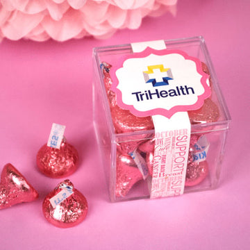 Personalized Breast Cancer Awareness JUST CANDY favor cube with Hershey's Kisses