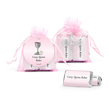 Personalized Communion Host and Silver Chalice Cross Organza Bag with Hershey's Miniatures