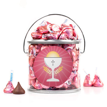 First Communion Pink Chalice & Holy Host Silver Paint Can with Sticker
