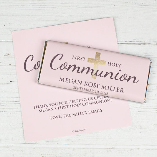 Communion Personalized Standard Chocolate Bar Wrappers - Pink & Gold (6 Wrappers Per Sheet)