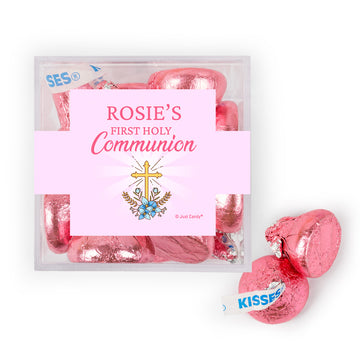 Personalized Christmas Boy First Communion Golden Cross favor cube with Hershey's Kisses