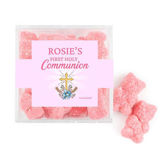 Personalized Girl First Communion Golden Cross Favor Cube with Sanded Gummy Bears