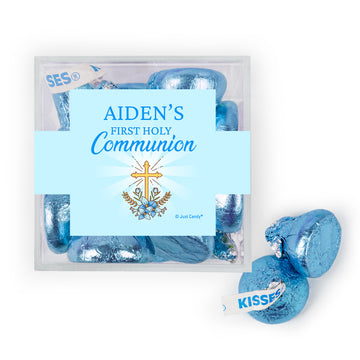 Personalized Christmas Boy First Communion Golden Cross favor cube with Hershey's Kisses