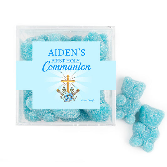 Personalized Boy First Communion Golden Cross Favor Cube with Sanded Gummy Bears