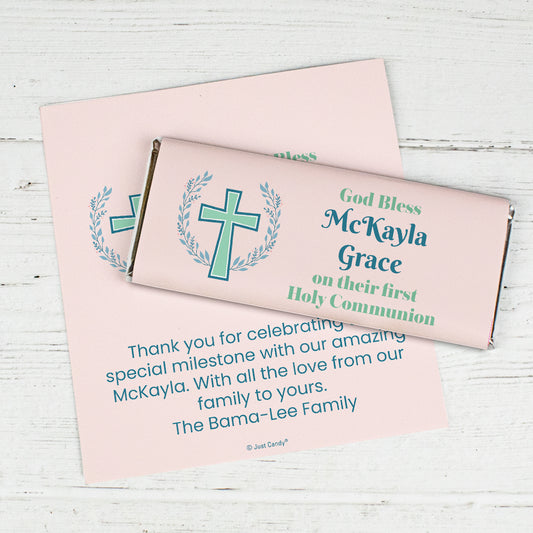 Communion Personalized Standard Chocolate Bar Wrappers - Cross & Laurel (6 Wrappers Per Sheet)