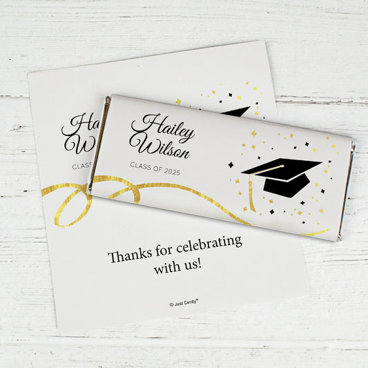 Graduation Personalized Chocolate Bar Wrappers Cap & Confetti