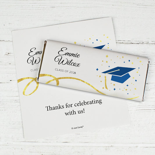 Blue Graduation Personalized Chocolate Bar Wrappers Cap & Confetti
