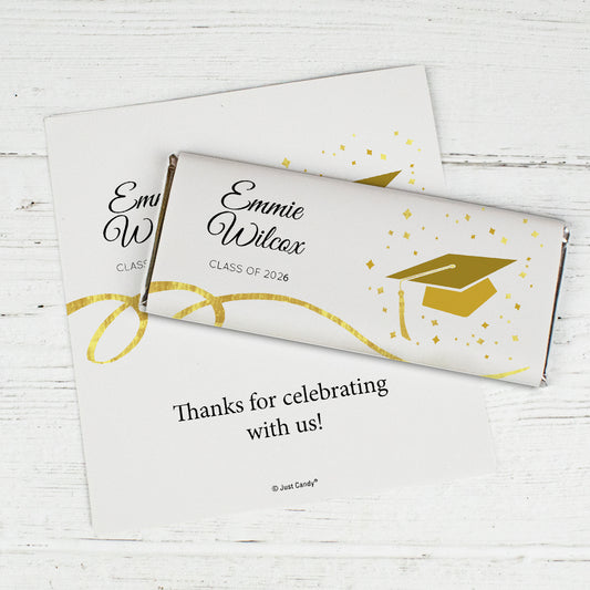 Gold Graduation Personalized Chocolate Bar Wrappers Cap & Confetti
