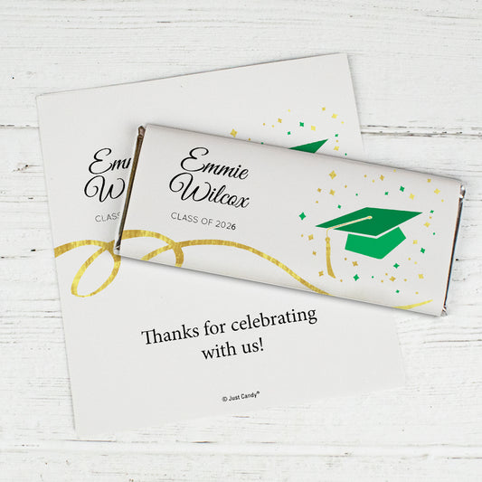 Green Graduation Personalized Chocolate Bar Wrappers Cap & Confetti