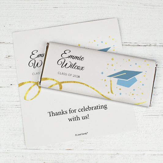 Light Blue Graduation Personalized Chocolate Bar Wrappers Cap & Confetti