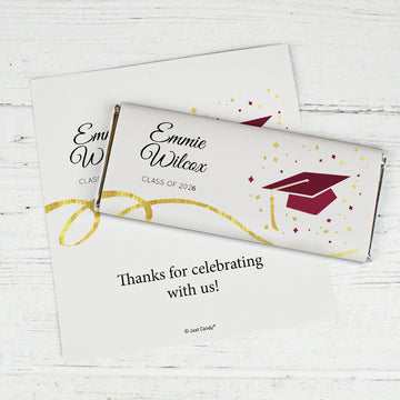 Maroon Graduation Personalized Chocolate Bar Wrappers Cap & Confetti