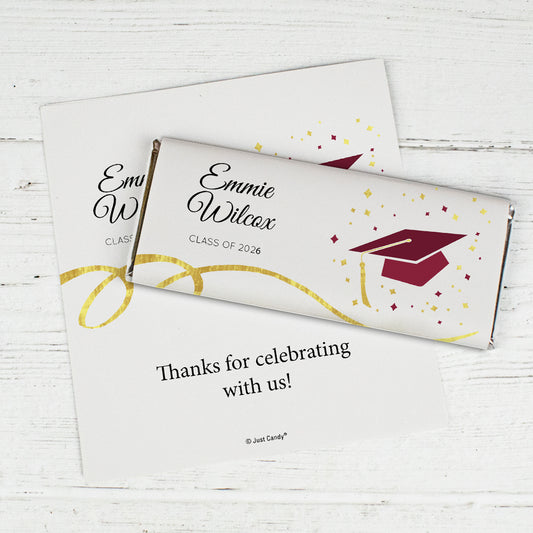 Maroon Graduation Personalized Chocolate Bar Wrappers Cap & Confetti