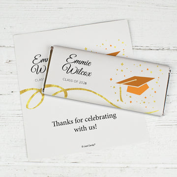 Orange Graduation Personalized Chocolate Bar Wrappers Cap & Confetti