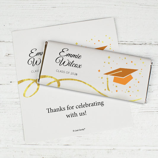 Orange Graduation Personalized Chocolate Bar Wrappers Cap & Confetti