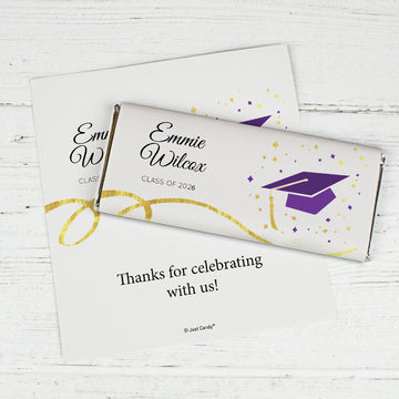 Purple Graduation Personalized Chocolate Bar Wrappers Cap & Confetti