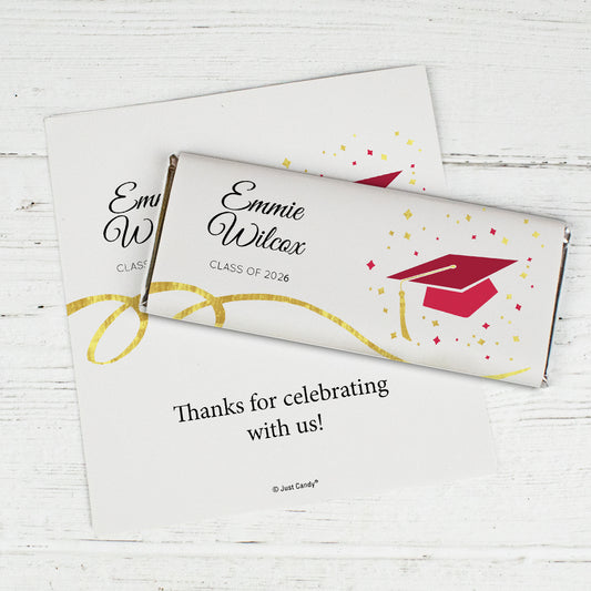 Red Graduation Personalized Chocolate Bar Wrappers Cap & Confetti