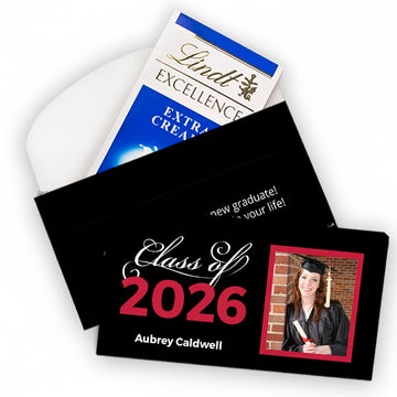 Deluxe Personalized Red Graduation Class Of Lindt Chocolate Bar in Gift Box (3.5oz)