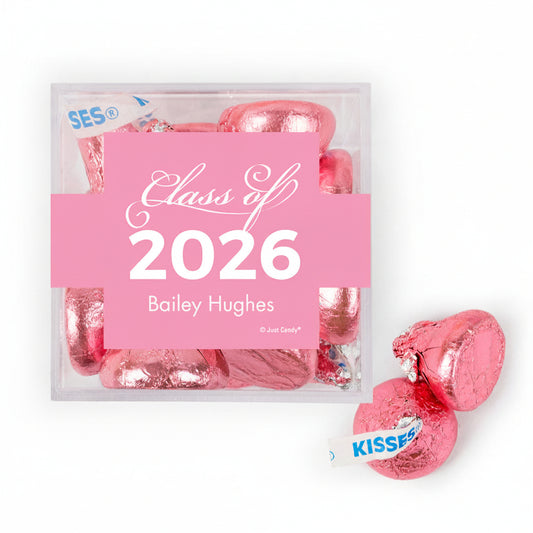 Personalized Pink Graduation Class of JUST CANDY favor cube with Hershey's Kisses