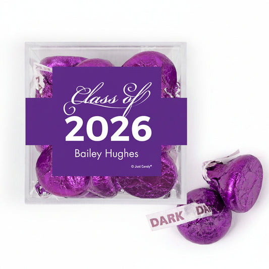 Personalized Purple Graduation Class of JUST CANDY favor cube with Hershey's Kisses