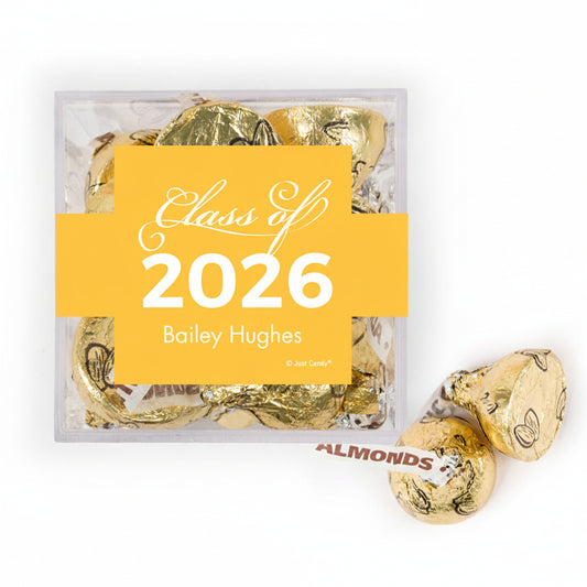 Personalized Yellow Graduation Class of JUST CANDY favor cube with Hershey's Kisses