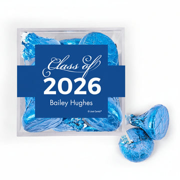 Personalized Blue Graduation Class of JUST CANDY favor cube with Hershey's Kisses
