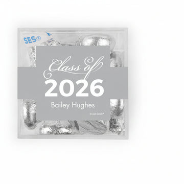 Personalized Silver Graduation Class of JUST CANDY favor cube with Hershey's Kisses