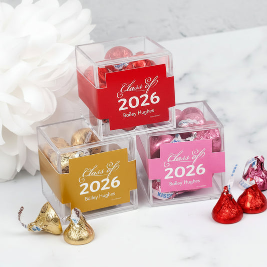 Personalized Graduation Class of JUST CANDY favor cube with Hershey's Kisses