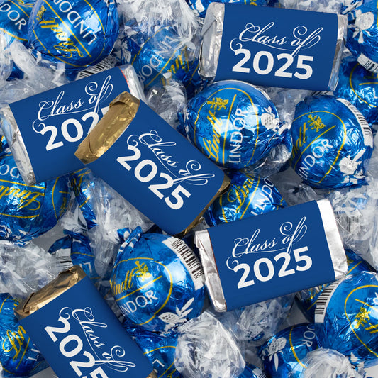 Blue Graduation Chocolate Mix - Hershey's Miniatures and Lindor Truffles - 65 Pieces